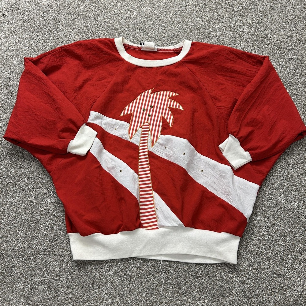 Vintage TAG Sweatshirt Womens XL Red Palm Tree Tropical Striped Studded Pullover
